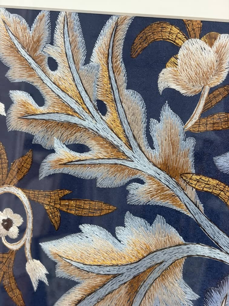 Handcrafted Embroidered Navy &Beige Floral Wall Art – 60 × 60 cm