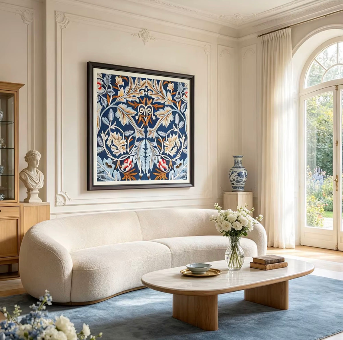Handcrafted Embroidered Navy &Beige Floral Wall Art – 60 × 60 cm