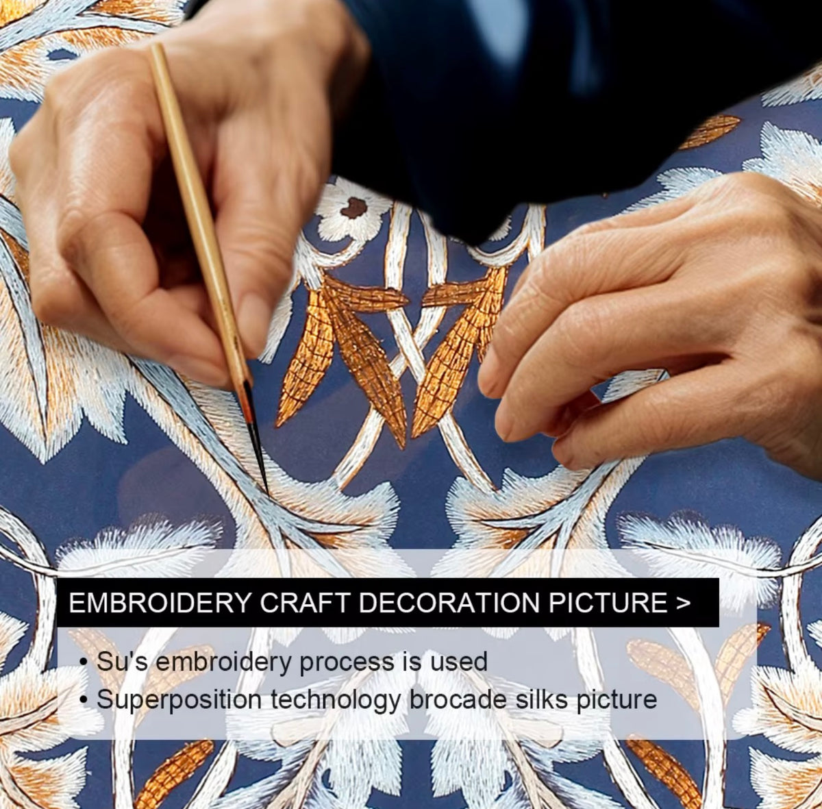 Handcrafted Embroidered Navy &Beige Floral Wall Art – 60 × 60 cm