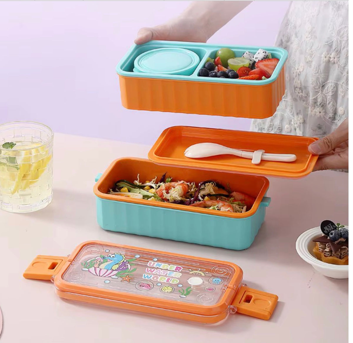 2-Tier Lunch Box with Handle & Mini Bowl – 1360ml