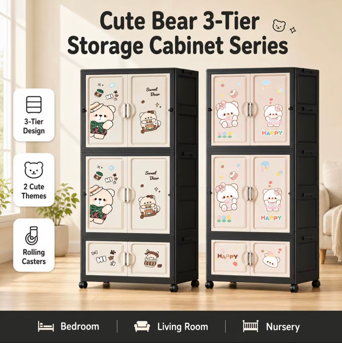 Cute Bear 3-Tier Storage Cabinet - brown body