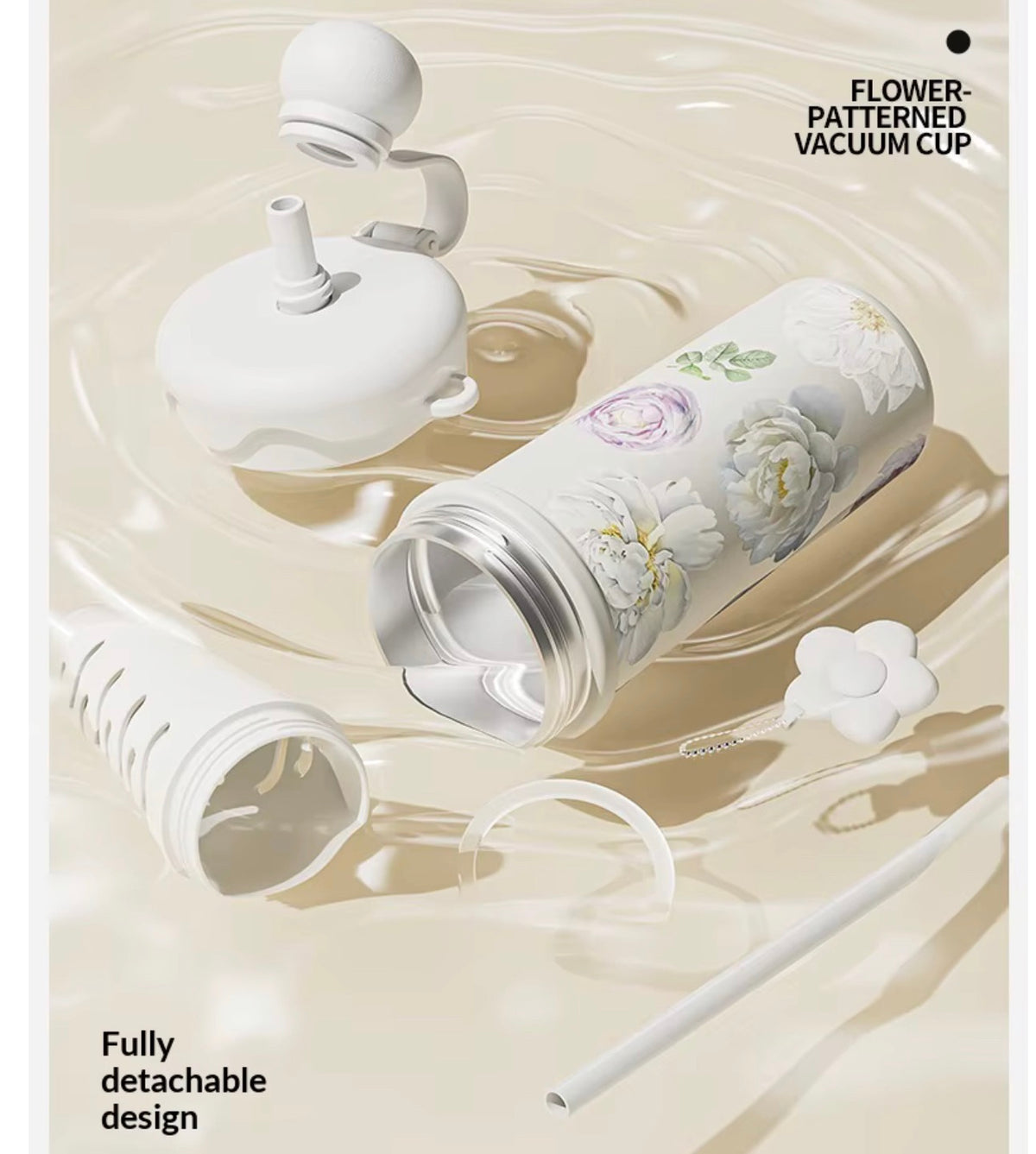 Floral Vacuum Straw Bottle with Tea Infuser – 680 ml