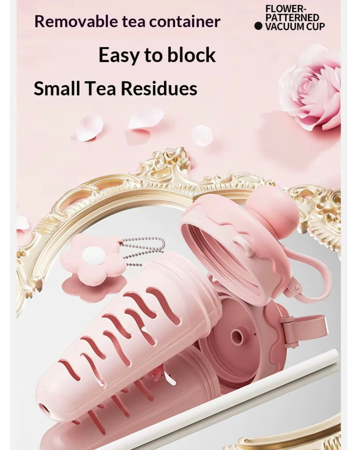 Floral Vacuum Straw Bottle with Tea Infuser – 680 ml
