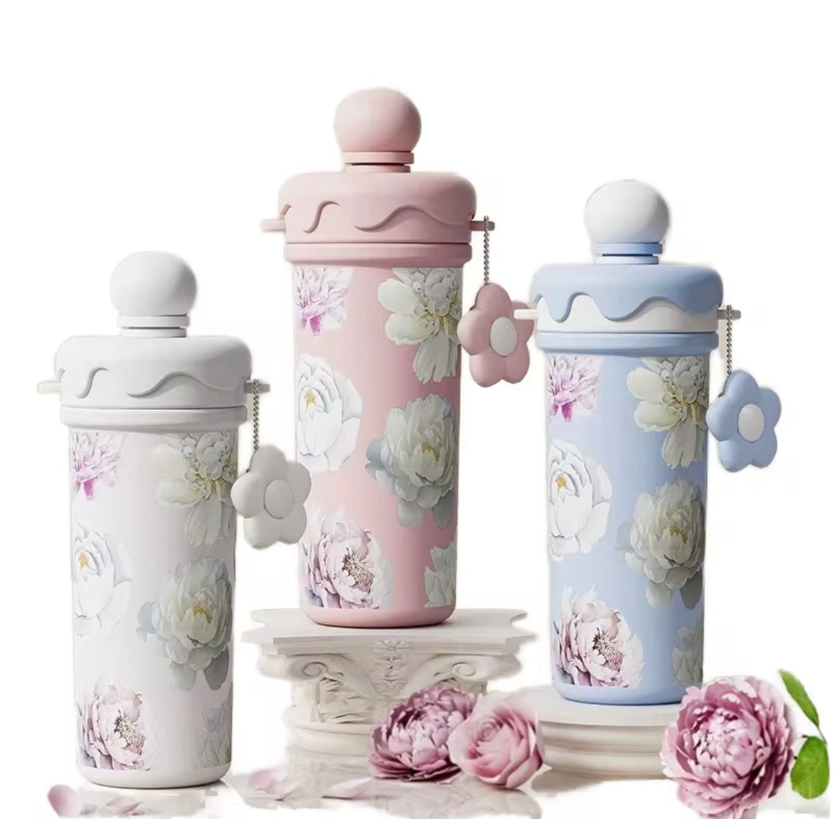 Floral Vacuum Straw Bottle with Tea Infuser – 680 ml
