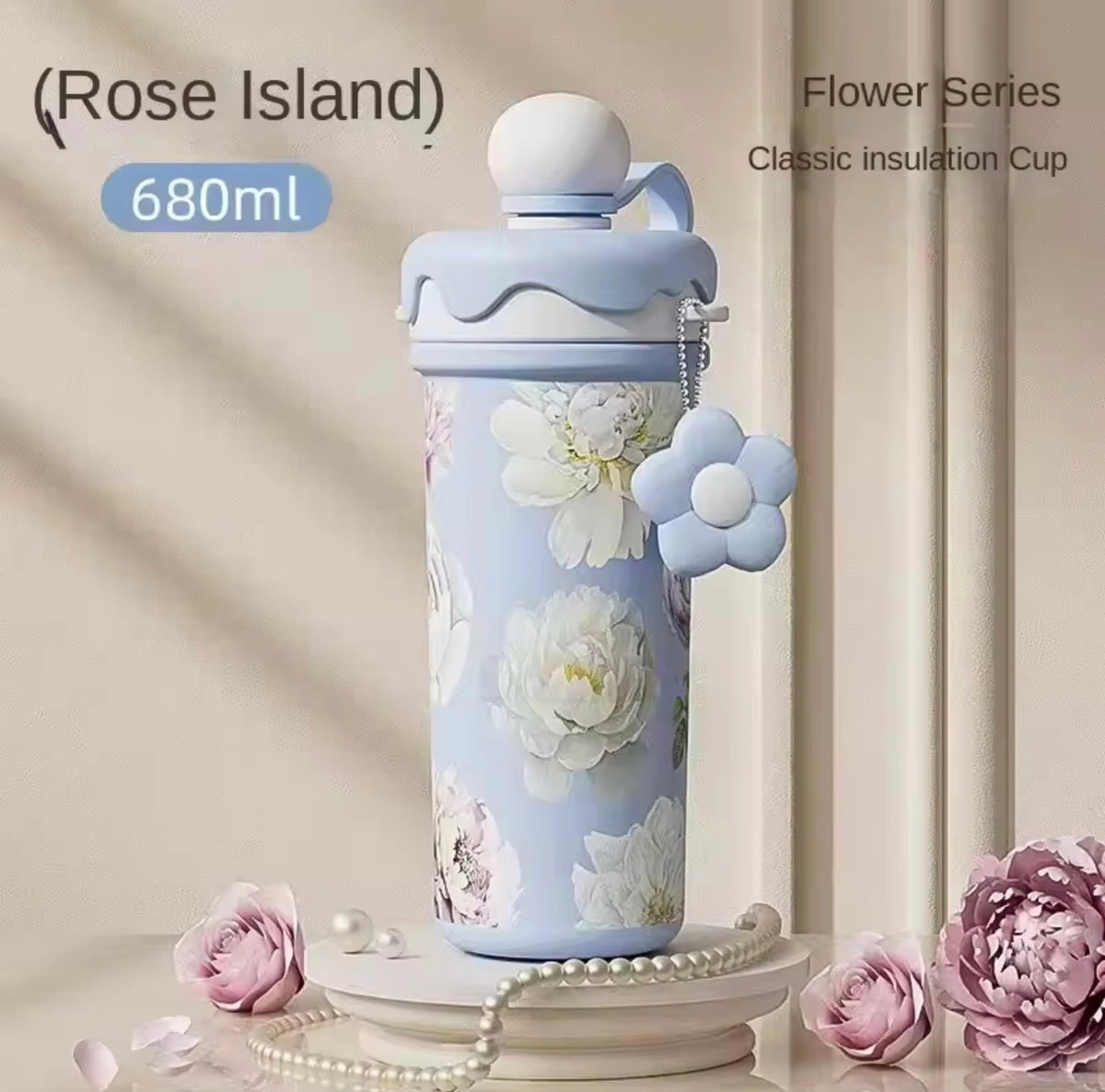 Floral Vacuum Straw Bottle with Tea Infuser – 680 ml