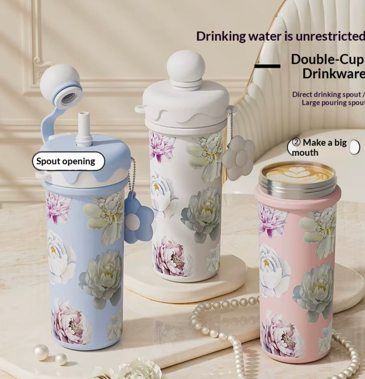 Floral Vacuum Straw Bottle with Tea Infuser – 680 ml