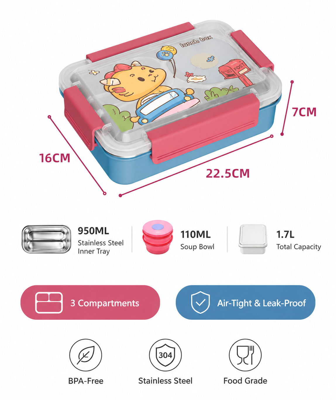 1.7L Stainless Steel Lunch Box with Spoon & Fork