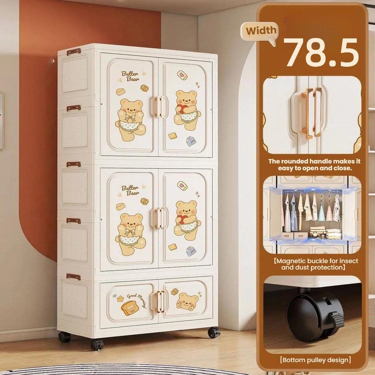 Foldable 3-Tier Storage Wardrobe with Wheels