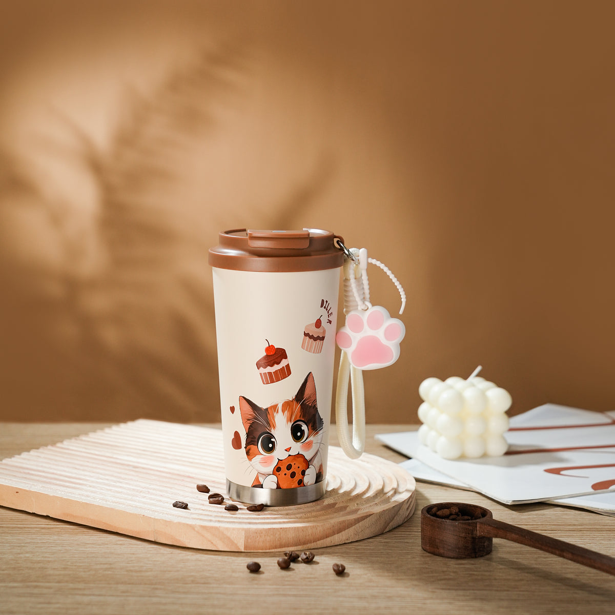 560ml Cute Cat Stainless Steel Tumbler with Paw Charm