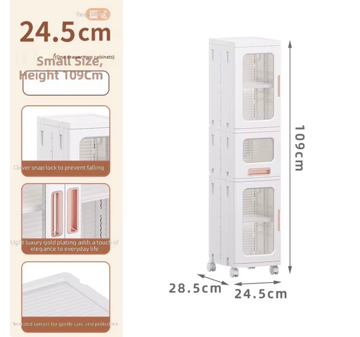 Slim 3-Section Storage Cabinet with Drawer