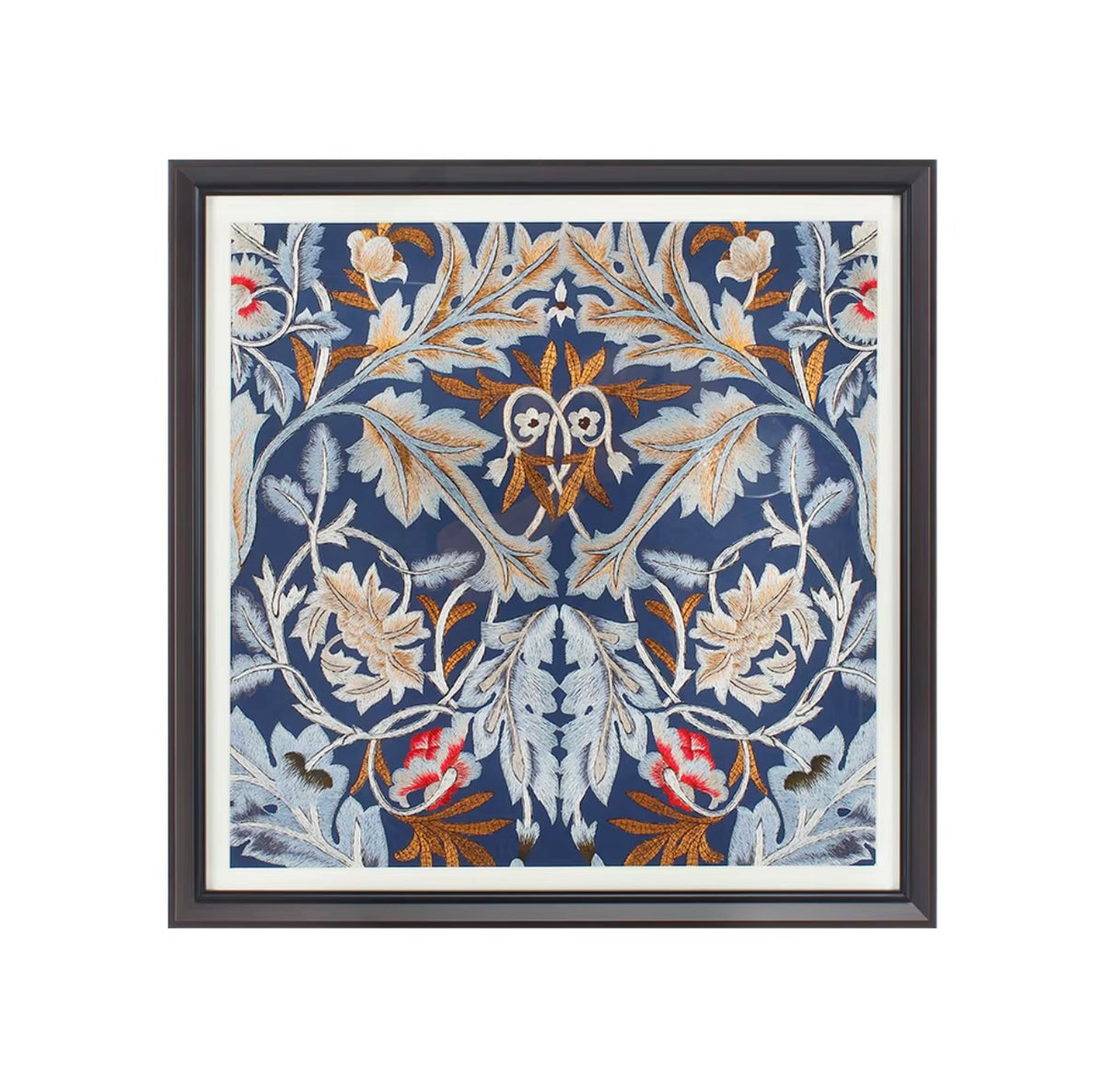 Handcrafted Embroidered Navy &Beige Floral Wall Art – 60 × 60 cm