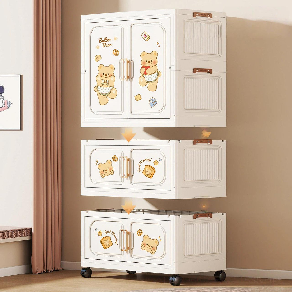 Foldable 3-Tier Storage Wardrobe with Wheels