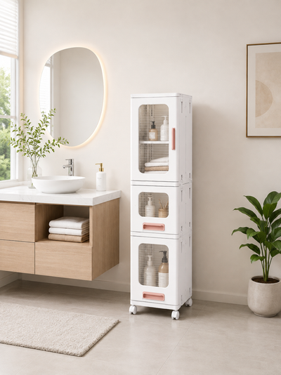 Slim 3-Section Storage Cabinet with Drawer