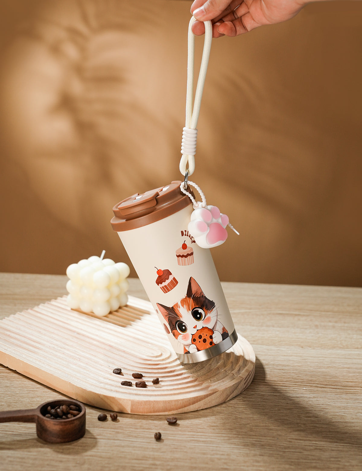 560ml Cute Cat Stainless Steel Tumbler with Paw Charm