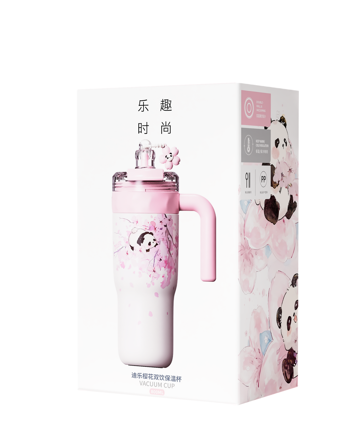 800ml Panda Blossom Insulated Tumbler with Handle & Infuser
