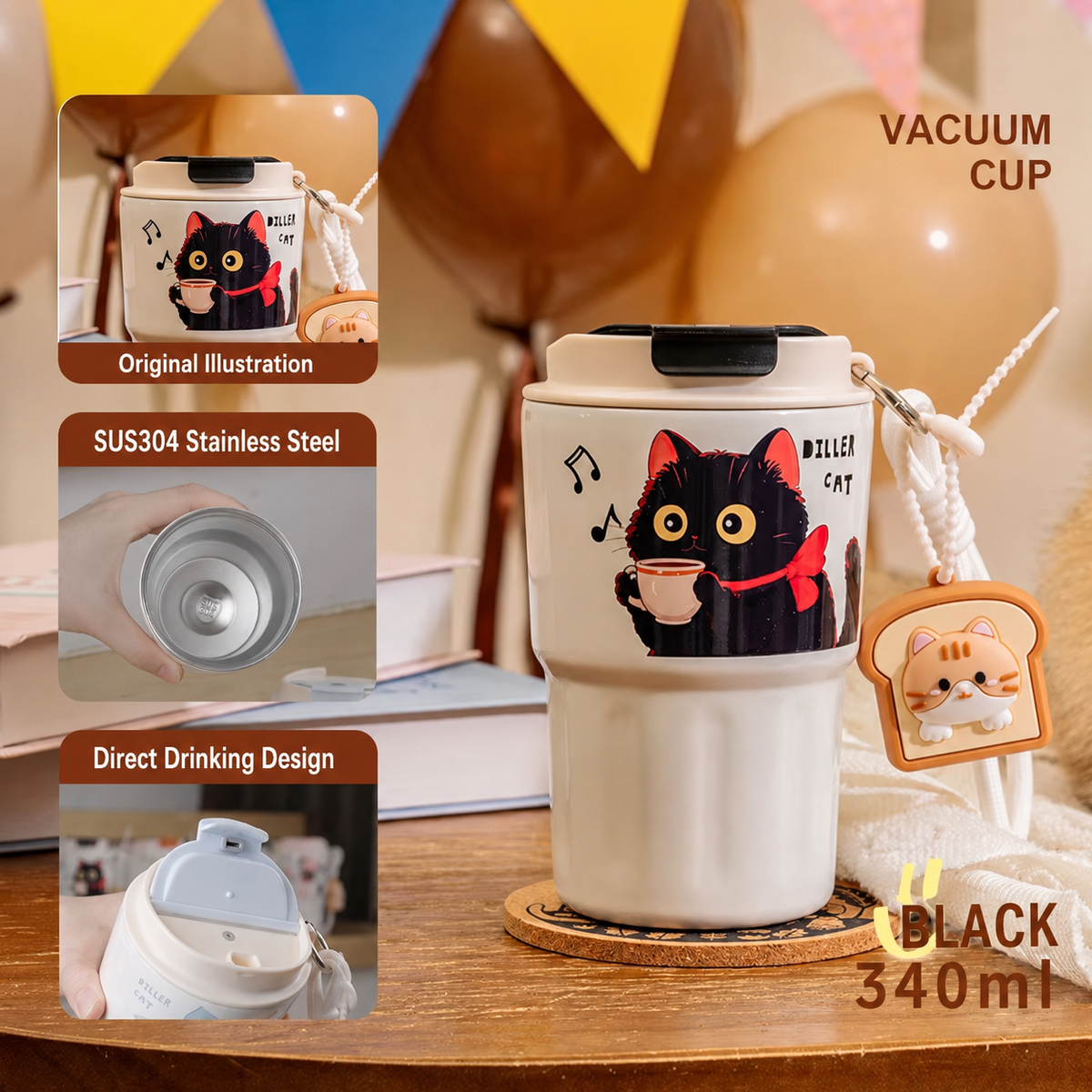 Cute Cat 340ml Stainless Steel Vacuum Cup