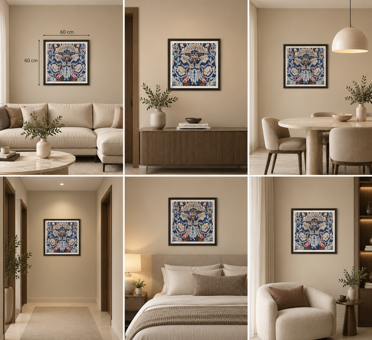 Handcrafted Embroidered Navy &Beige Floral Wall Art – 60 × 60 cm
